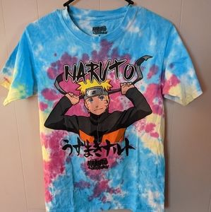 Naruto Shippuden Tie Dye Graphic Print T-Shirt Pink/Yellow/Blue & Black Adult S